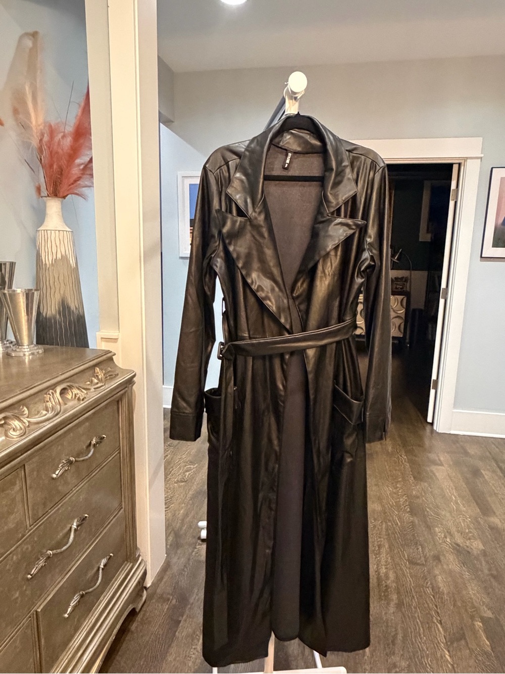 STYLEWE Black Faux Leather Long Trench Coat with Belt